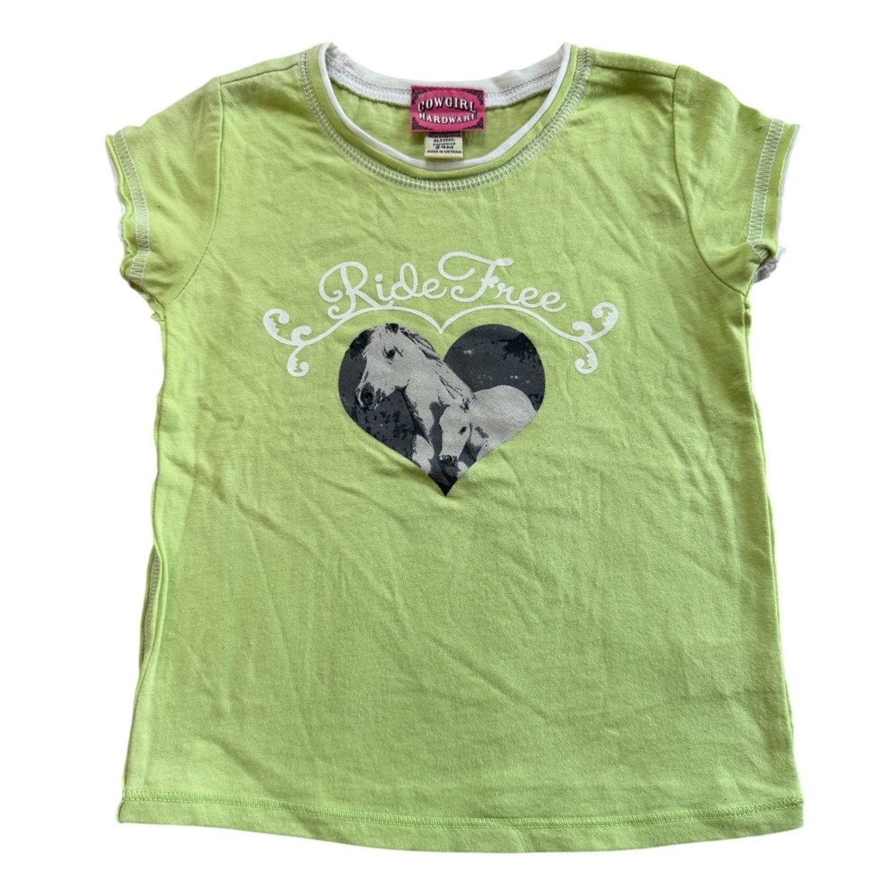 Cowgirl Hardware Girls Ride Free Horse Heart Graphic Tee Lime Green 24M